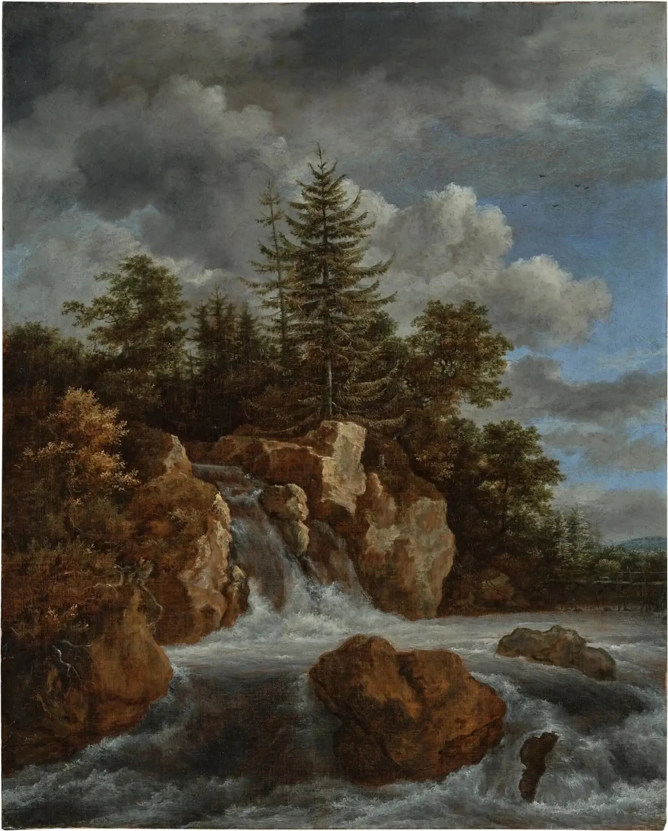 Paysage boisé avec cascade, peinture de Jacob van Ruisdael