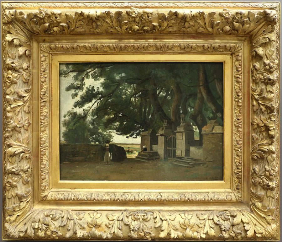 Bretagne Landschaft. Ein von großen Bäumen beschattetes Gitter - Jean-Baptiste Camille Corot