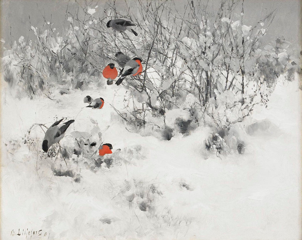 Paysage d'hiver avec des bouvreuils - Bruno Liljefors image 1 copie de tableau peinte à la main