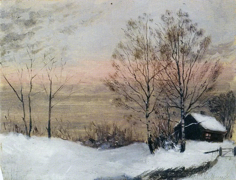 Winterlandschaft mit Haus und rotem Himmel - Edvard Munch