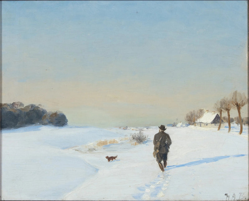 Winterlandschaft mit einem Jäger und seinem Hund an einem sonnigen Tag - H. A. Brendekilde