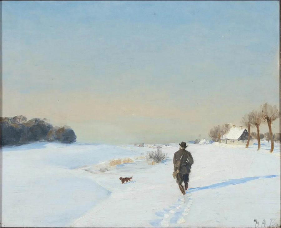 Winterlandschaft mit einem Jäger und seinem Hund an einem sonnigen Tag - H. A. Brendekilde