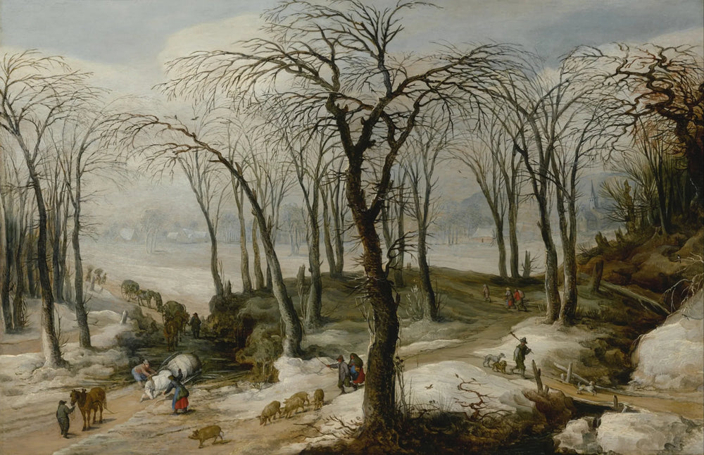 Paysage d'hiver avec une charrette à cheval renversée et des personnages conduisant un troupeau. - Jan Brueghel le Jeune image 1 tableau peint à l’huile sur toile