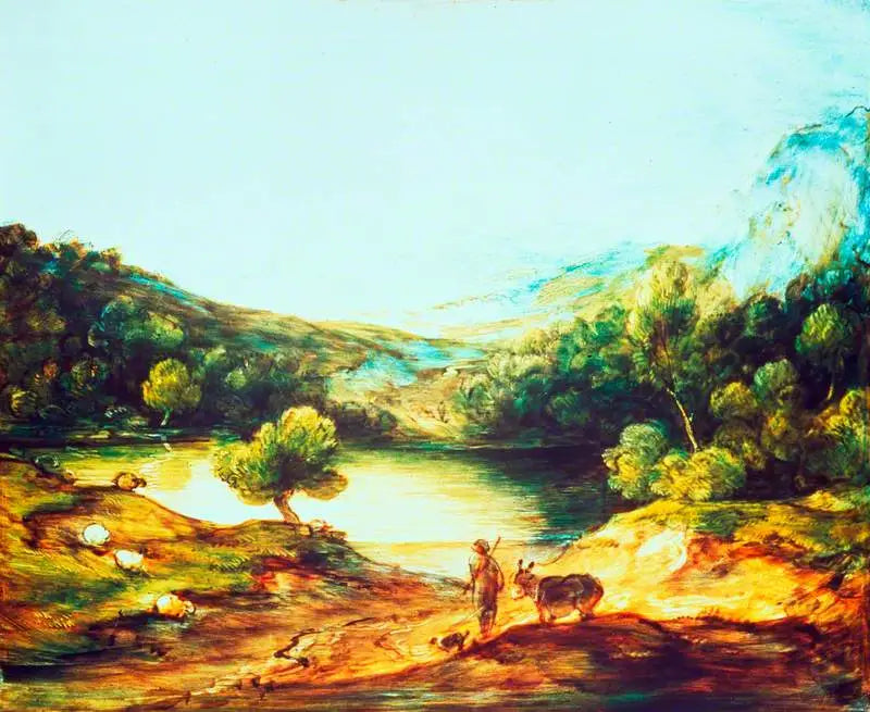 Hochlandlandschaft mit einem Hirten, einem Esel und verstreuten Schafen, einem See und einem Dorf sowie Hügeln im Hintergrund - Thomas Gainsborough