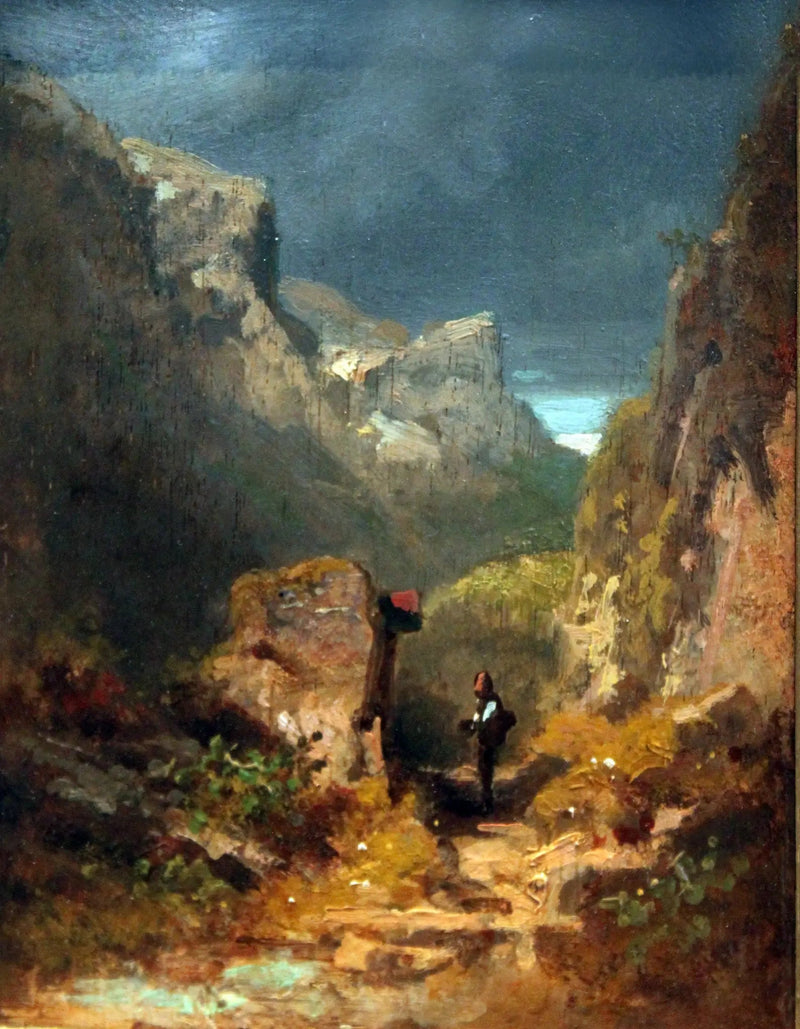 Landschaft mit Bergen und einem Reliquiar auf einem Felsen - Carl Spitzweg