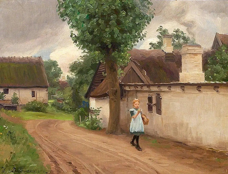 Dorflandschaft mit einem Mädchen in blauem Kleid. - H. A. Brendekilde