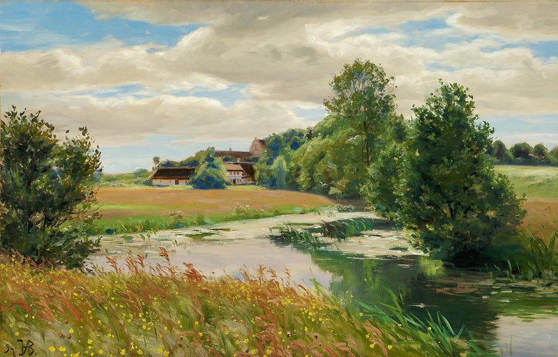 Sommersonnenlandschaft am Flussufer in der Nähe einer Kirche. - H. A. Brendekilde