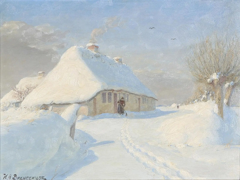 Winterlandschaft mit einer Frau in einem Bauernhaus. - H. A. Brendekilde