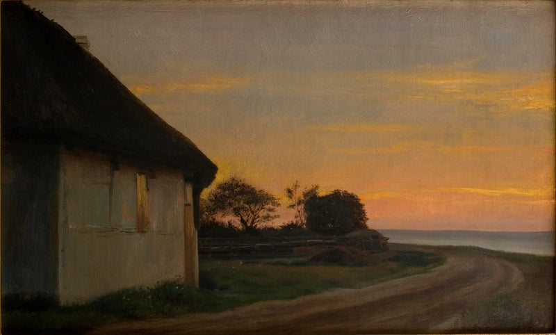 Abendlandschaft mit einem Haus und einem Garten am Meer. Ellekilde - Carl Heinrich Bloch