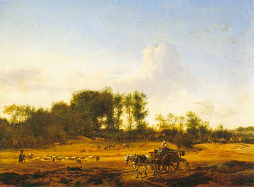Paysage dunaire panoramique avec charrette et bétail - Adriaen van de Velde image 1 tableau peint à l’huile sur toile