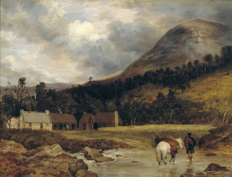 Schottischer Landschaft: Die Ankunft eines Hirsches (Figur und Tiere von Sir E. Landseer) - Edwin Henry Landseer