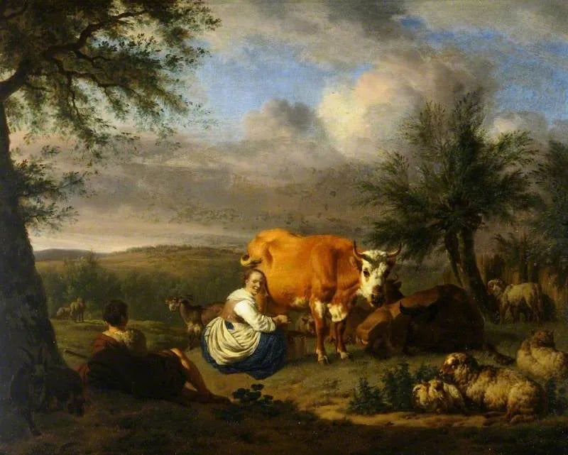 Paysage : Femme trayant une vache - Adriaen van de Velde image 1 copie peinte à la main à l’huile