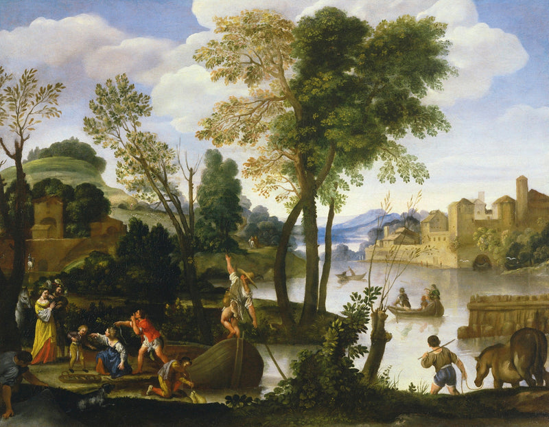 Flusslandschaft mit Bootsmännern und Fischern, ein elegantes Paar, das am Flussufer spaziert - Domenichino