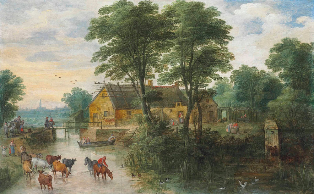 Paysage fluvial avec des maisons et du bétail, Anvers au loin - Jan Brueghel le Jeune image 1 reproduction artisanale de tableau
