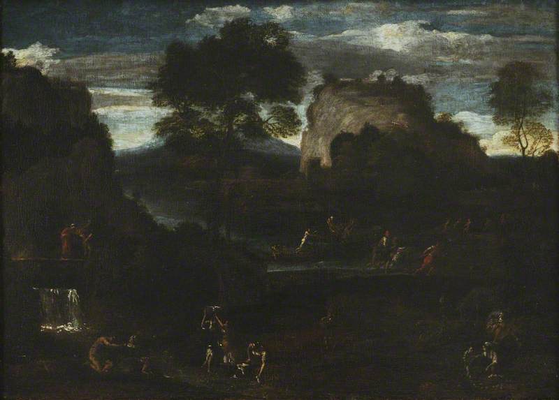 Flusslandschaft mit Fischern und Waschfrauen - Domenichino