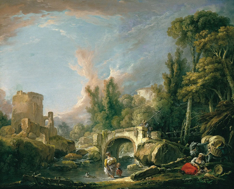 Flusslandschaft mit Ruine und Brücke - François Boucher