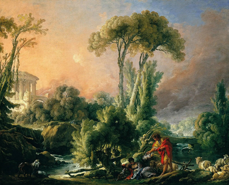 Flusslandschaft mit antigem Tempel - François Boucher