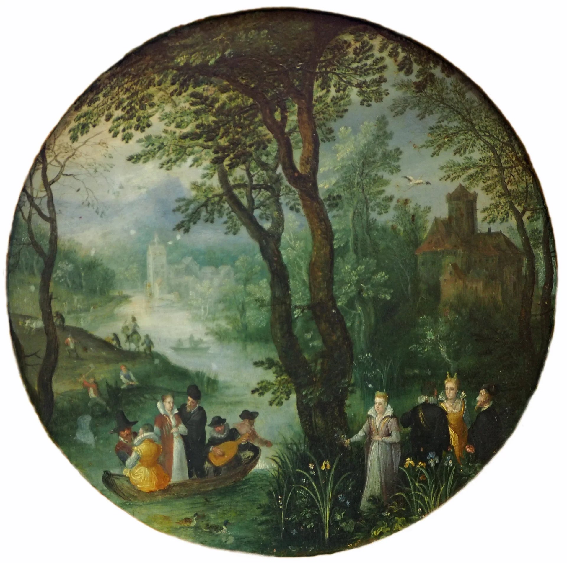 Paysage fluvial avec un groupe noble en bateau : allégorie du printemps - Jan Brueghel l'Ancien image 1 reproduction artisanale de tableau
