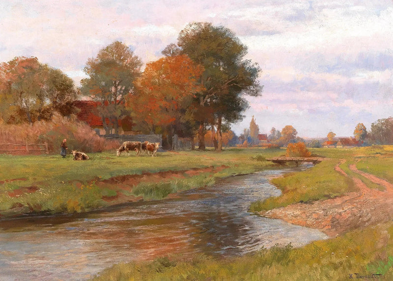 Flusslandschaft mit einer kleinen Herde Kühe und einem Dorf im Hintergrund - Hugo Darnaut