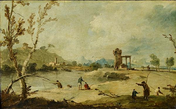 Flusslandschaft mit einem Ruinenturm und einem entfernten Dorf - Francesco Guardi