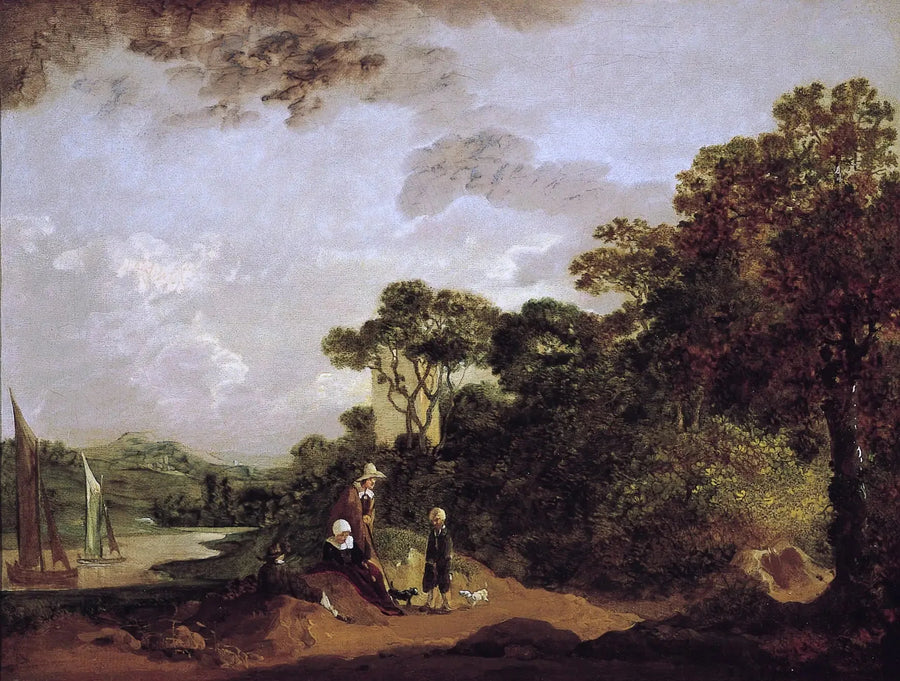Flusslandschaft mit Bauern zur Ruhe und Kirchturm - Thomas Gainsborough