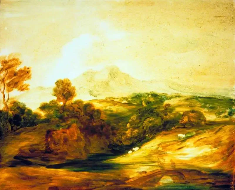 Flusslandschaft mit Personen auf einer Brücke, einer Hütte, Schafen und entfernten Bergen - Thomas Gainsborough