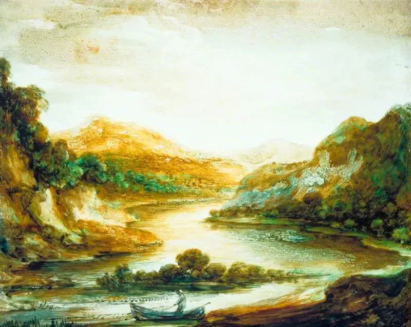 Flusslandschaft mit einem Fischer in einem Boot, hohe Ufer und entfernte Berge - Thomas Gainsborough