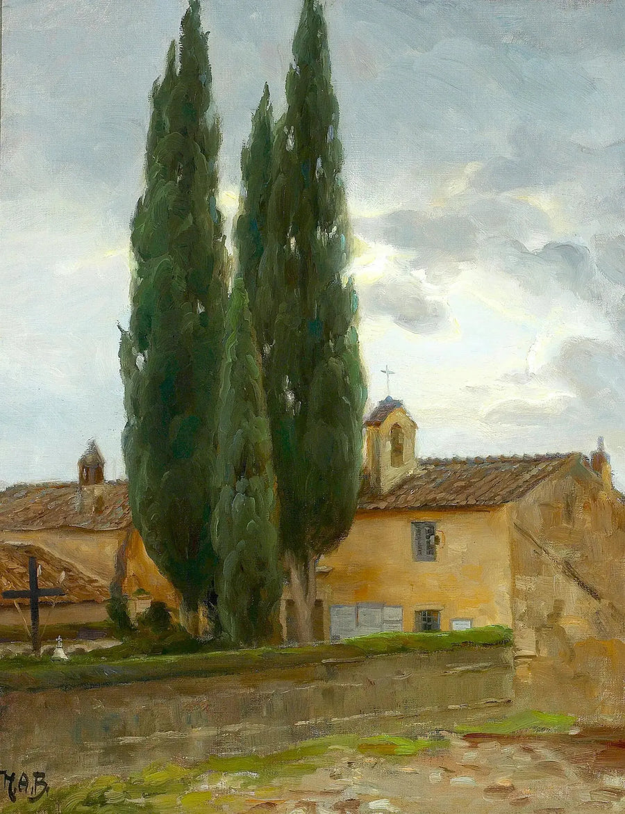 Italienischer Landschaft mit einem Kloster und Kiefern. - H. A. Brendekilde