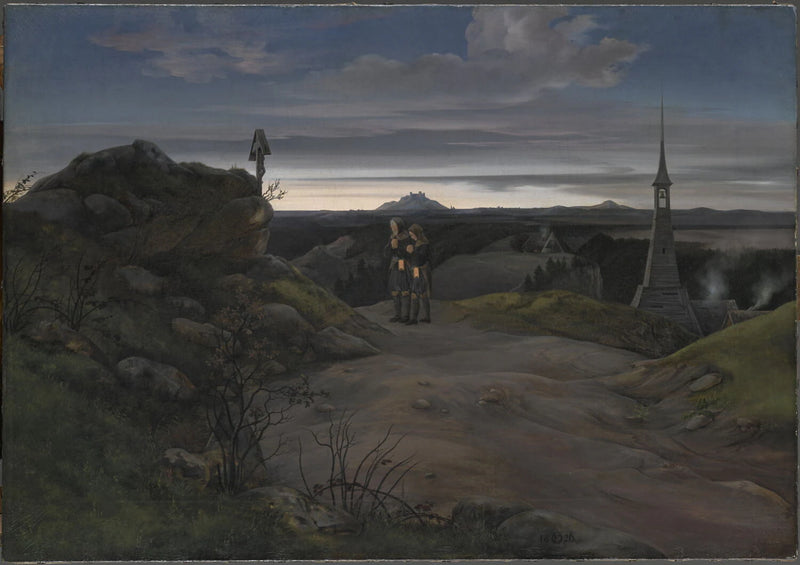 Paysage des monts Métallifères au petit matin, avec deux ouvriers de la mine en prière, avant de descendre dans le puits. - Ernst Ferdinand Oehme