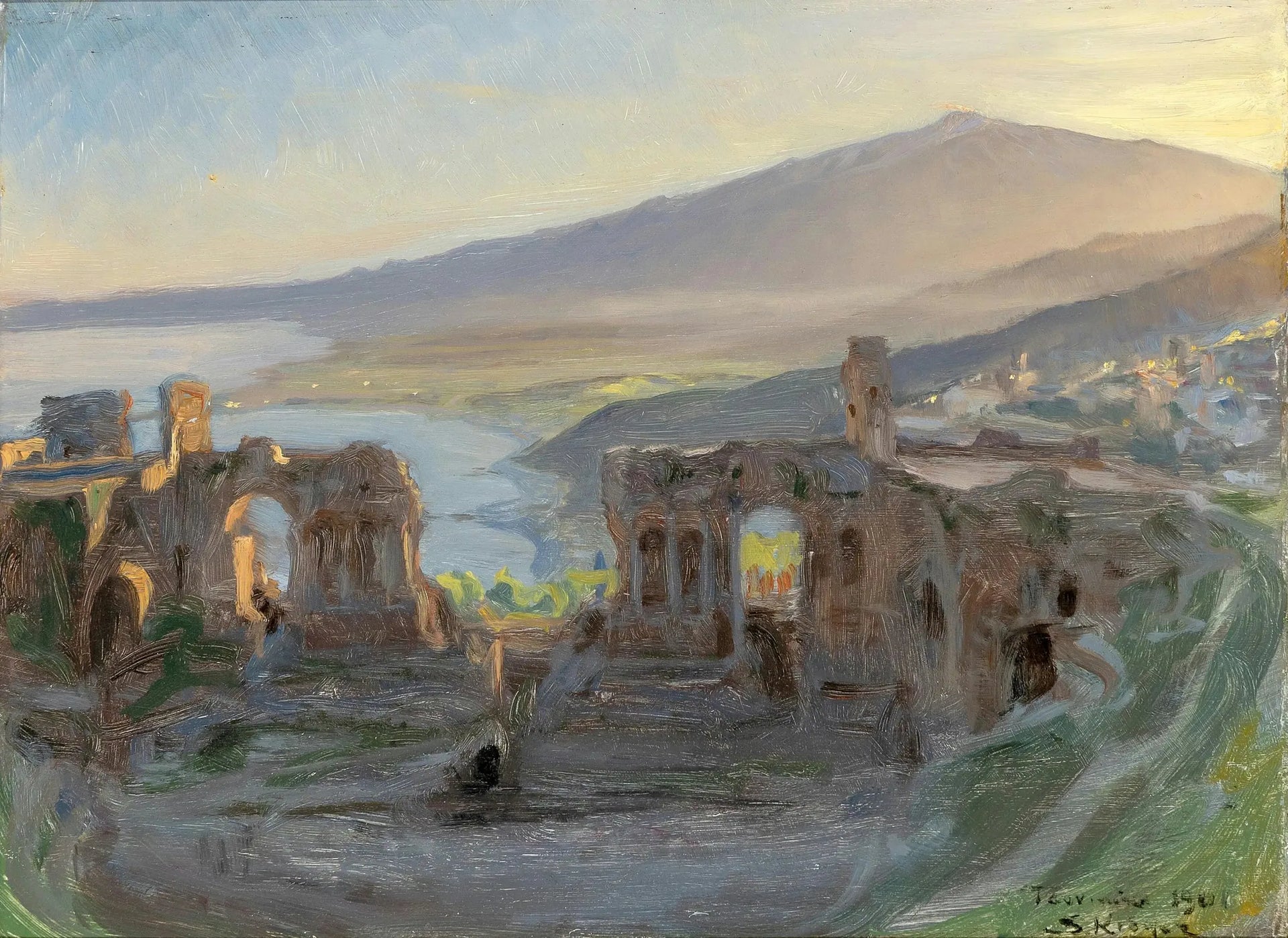 Paysage nocturne près du théâtre antique de Taormina avec vue sur l'Etna et le Golfe. - Peder Severin Krøyer image 1 reproduction réalisée par Alpha Reproduction