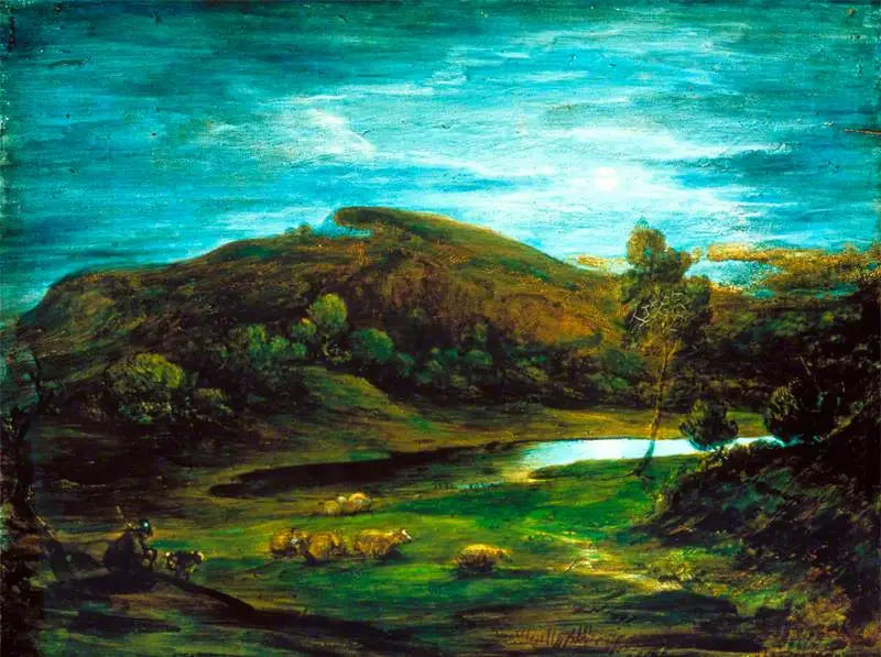 Offene Landschaft mit einem Hirten, Schafen, einem Pool und fernen Hügeln - Thomas Gainsborough