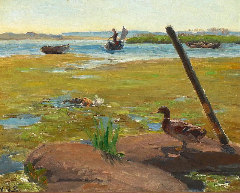 Landschaft bei Jyllinge mit einer Ente. Im Hintergrund, ein Mann beim Punting. - H. A. Brendekilde