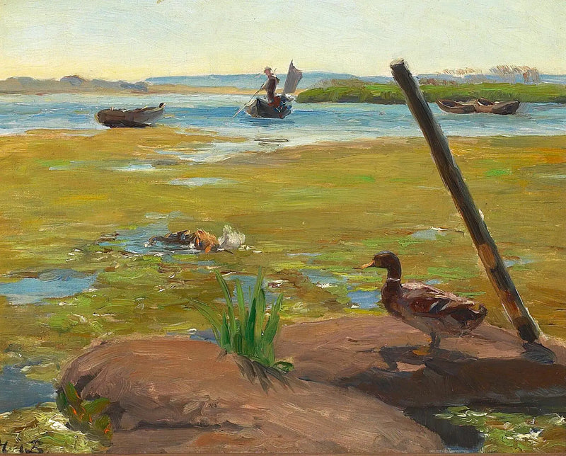 Landschaft bei Jyllinge mit einer Ente. Im Hintergrund, ein Mann beim Punting. - H. A. Brendekilde
