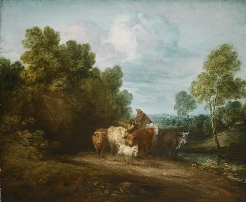 Felsenlandschaft mit Bauer auf dem Pferd, Hirte und Vieh, und Gebäude in der Ferne - Thomas Gainsborough