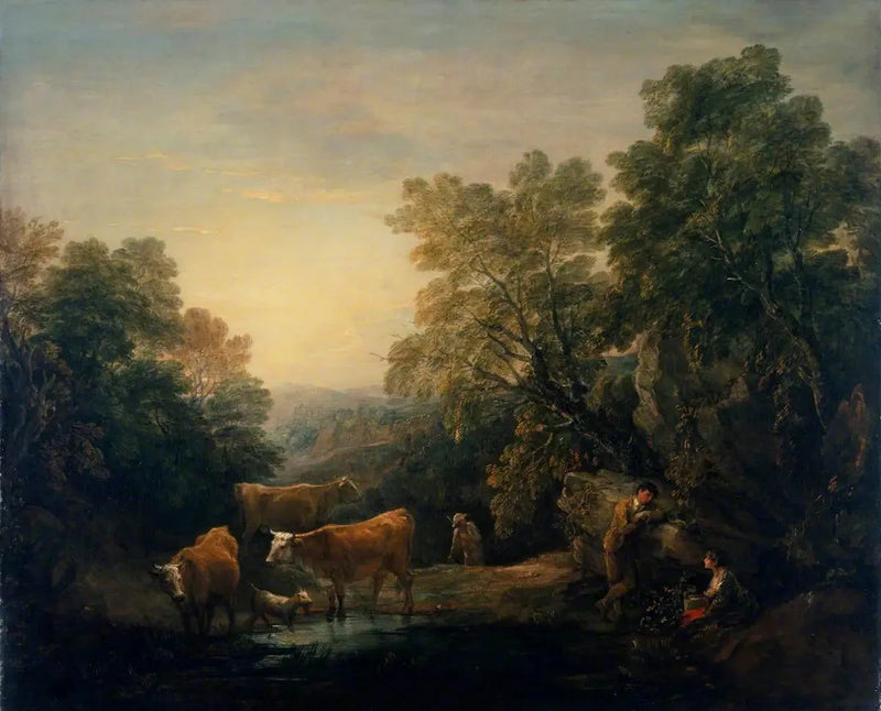 Felsen- und bewaldete Landschaft mit rustikalen Liebenden, einem Hirten und Kühen - Thomas Gainsborough