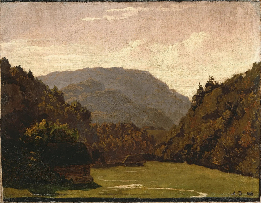 Hügelige Landschaft mit Blockhütten und einem Bach in der Ebene - Arnold Böcklin