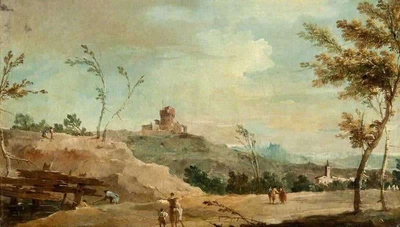 Gewölbte Landschaft mit einem verfallenen Turm - Francesco Guardi