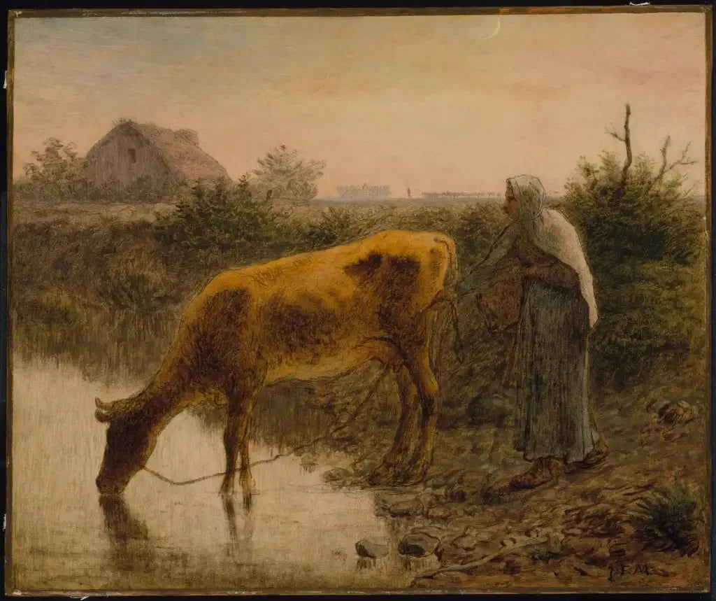 Paysanne abreuvant sa vache - Jean-François Millet image 1 reproduction de peinture à l’huile