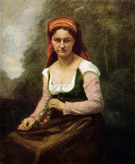 Sitzende Bäuerin in der grünen Natur, hält eine Blumenkranz - Jean-Baptiste Camille Corot