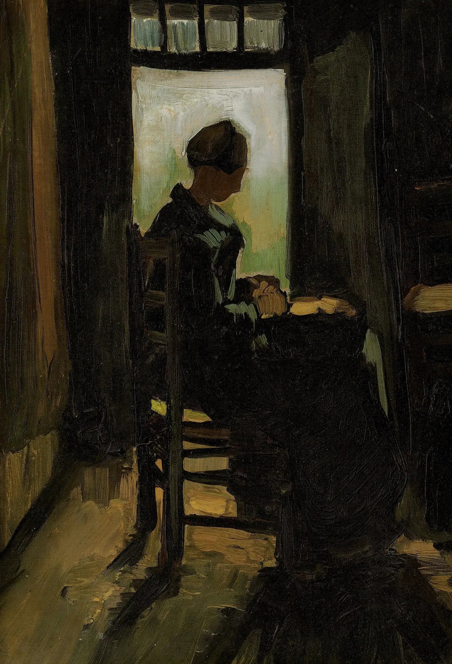 Bäuerin sitzt vor einer offenen Tür und schält Kartoffeln - Vincent van Gogh