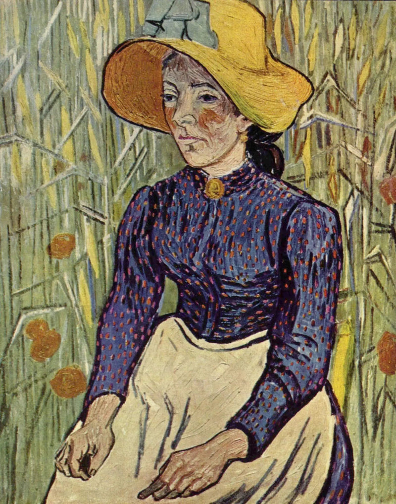 Bäuerin mit Strohhut, die vor einem Weizenfeld sitzt - Vincent van Gogh