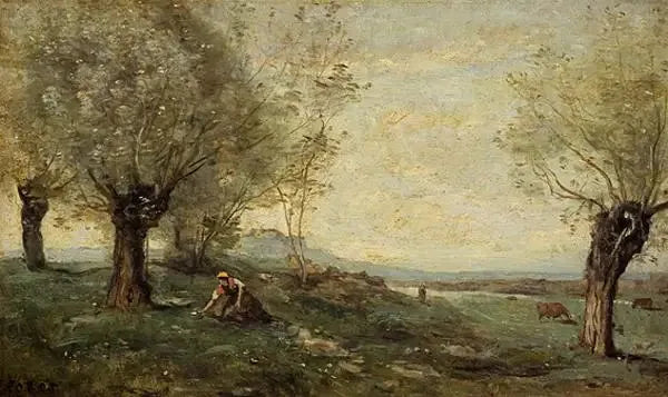 Bauer schneidet Gras bei einer Weide - Jean-Baptiste Camille Corot