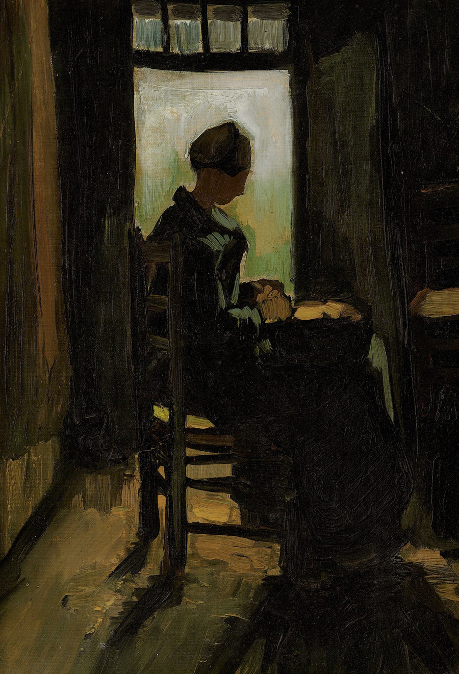 Bäuerin sitzt vor einer offenen Tür und schält Kartoffeln - Vincent van Gogh