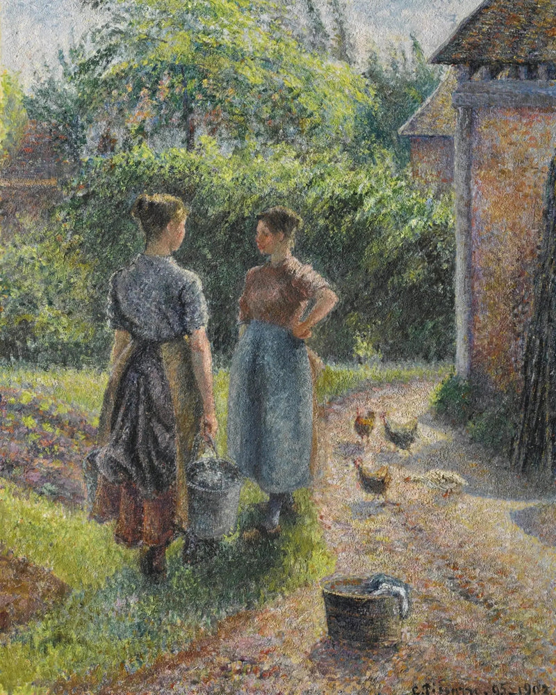 Bäuerinnen, die im Hof eines Bauernhauses sprechen, Eragny - Camille Pissarro