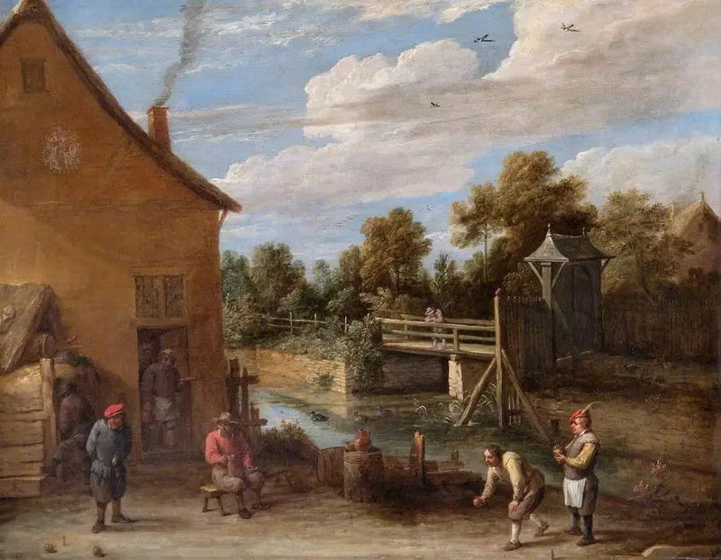 Bauern beim Boulespiel vor einer Gaststätte am Flussufer - David Teniers der Jüngere