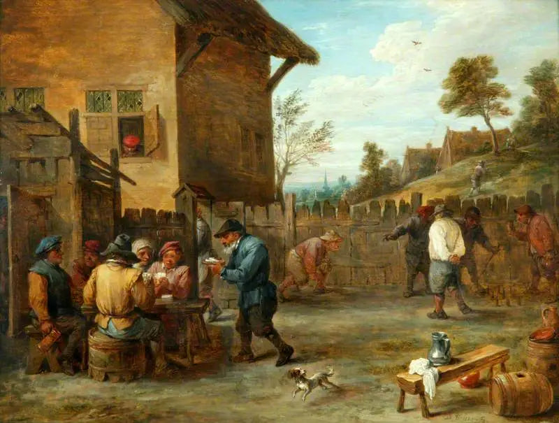 Bauern beim Kartenspielen und Kegeln auf einem Hof - David Teniers der Jüngere