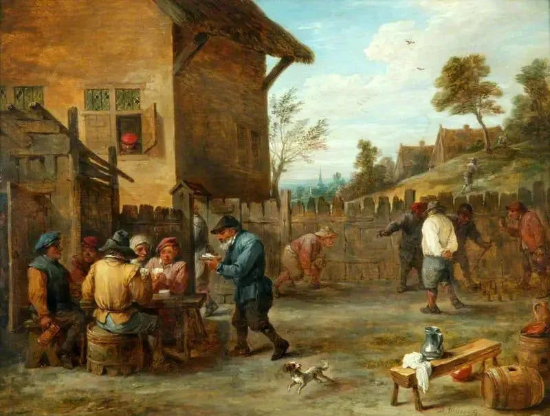 Bauern beim Kartenspielen und Kegeln auf einem Hof - David Teniers der Jüngere