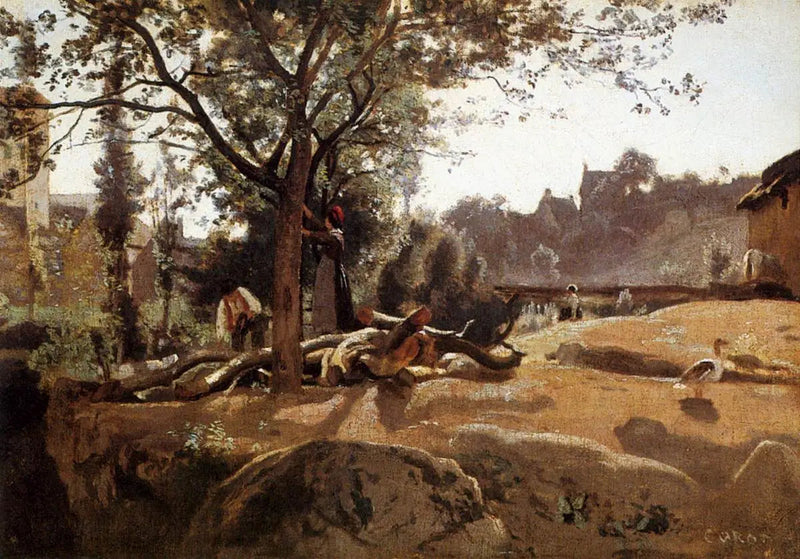 Bauern unter den Bäumen bei Sonnenaufgang - Jean-Baptiste Camille Corot