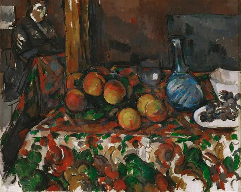 Pfirsiche, Karaffe und Figur - Paul Cézanne
