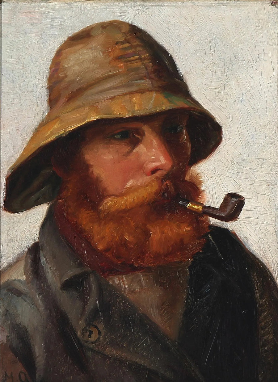 Fischer mit rotem Bart, der einen gelben Regenmantel trägt und Pfeife raucht. – Michael Peter Ancher